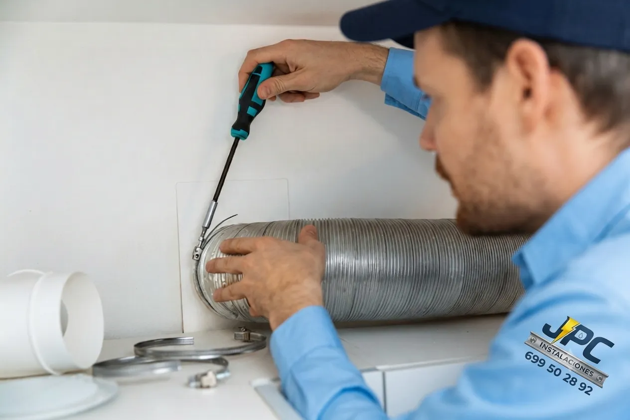 Instalación de conducto de ventilación mecánica Técnico instalando conducto de ventilación mecánica en vivienda de Tenerife