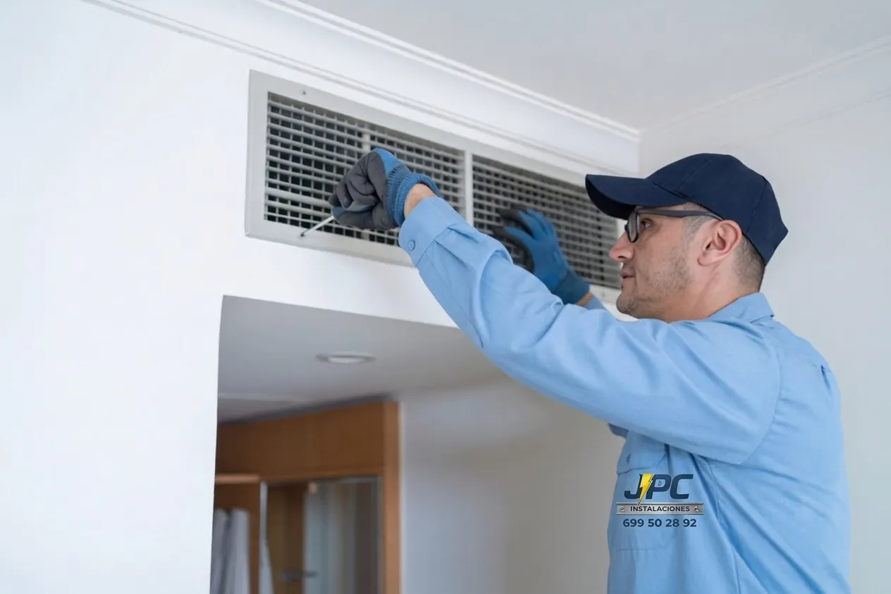 Aire acondicionado y ventilación en Tenerife Técnico instalando rejilla de ventilación y aire acondicionado en vivienda de Tenerife