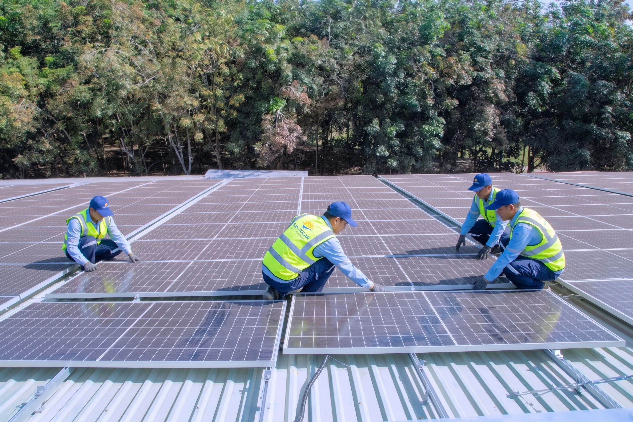 Instaladores colocando placas solares en una cubierta