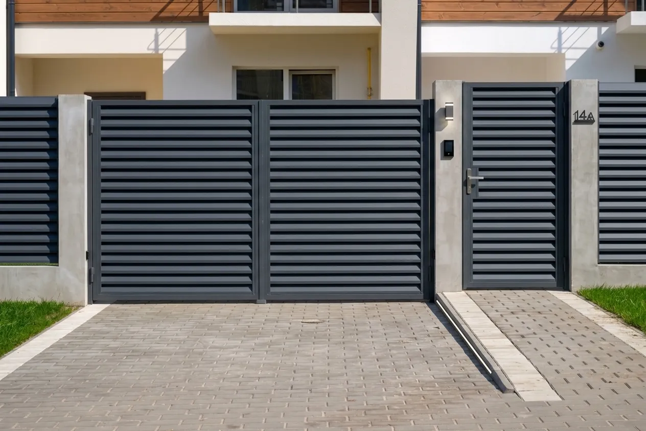 Puerta de garaje corredera metálica a medida Puerta de garaje corredera metálica con puerta peatonal en vivienda