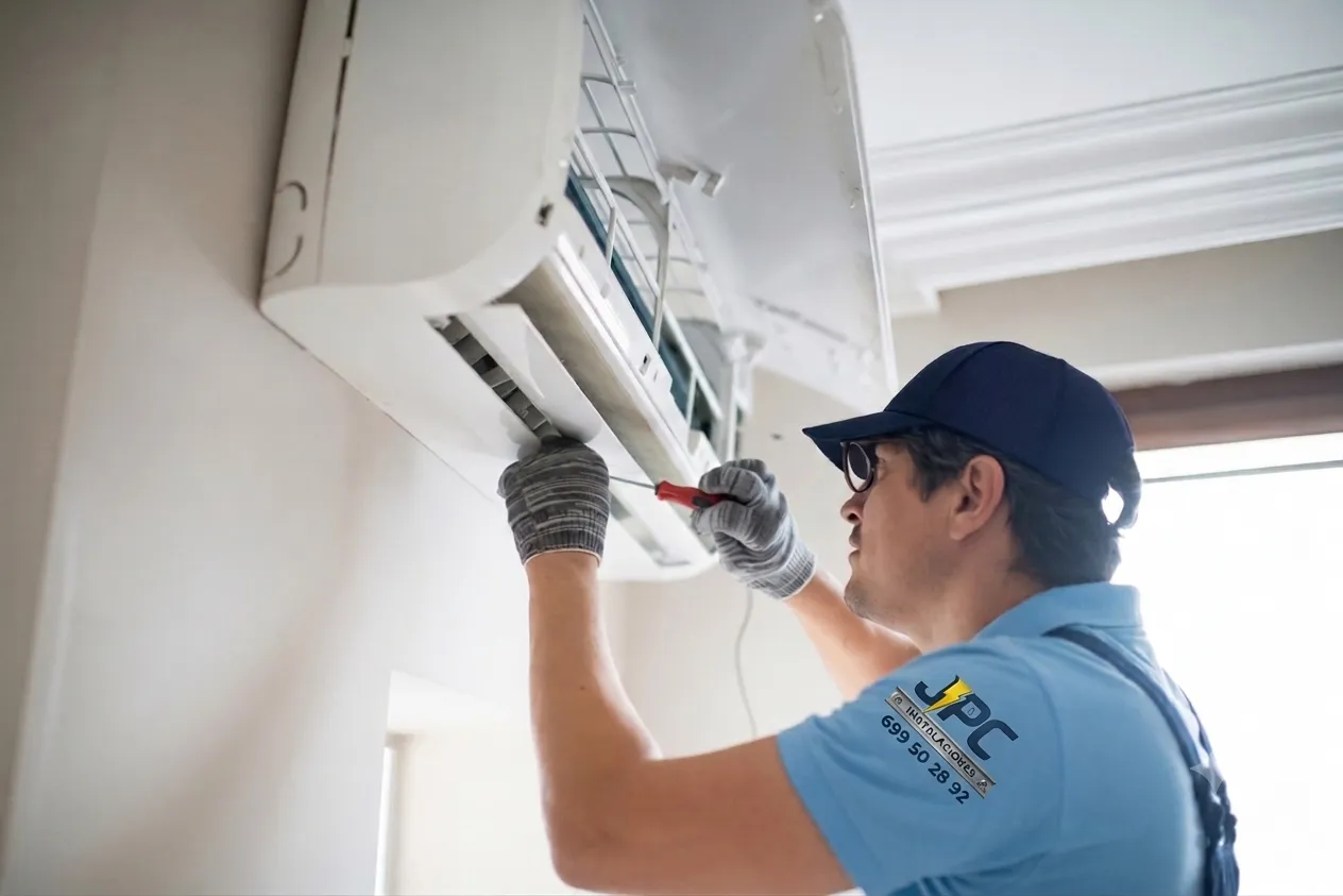 Revisión de aire acondicionado en Tenerife Técnico revisando un aire acondicionado en una vivienda de Tenerife